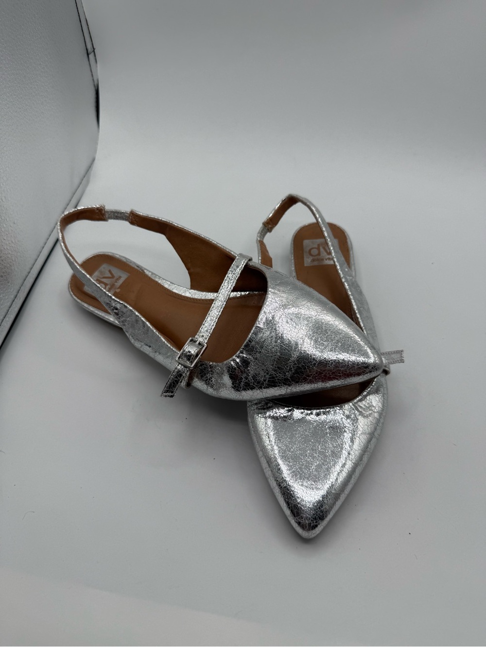 DV By Dolce Vita Pointed Toe Slingback Silver Flats Sz 8.5
